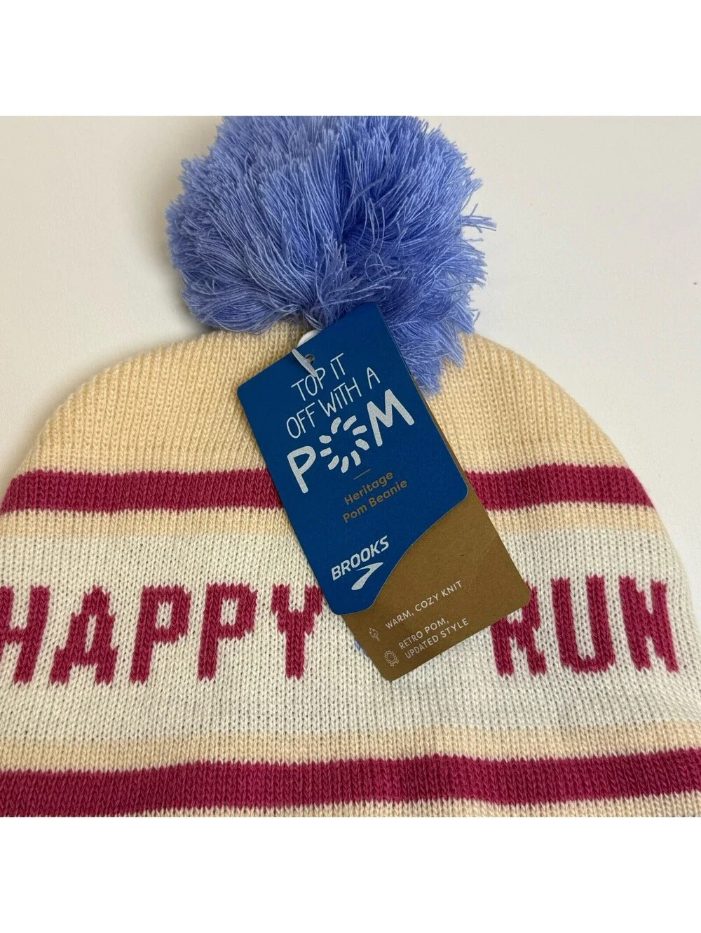 BROOKS Run Happy Heritage Pom Beanie Logo Blue Sand One Size Fits All